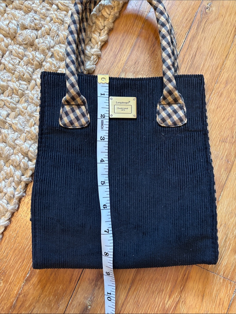 Longaberger Black Corduroy Tote with Brown Plaid Handles - Picture 7 of 7